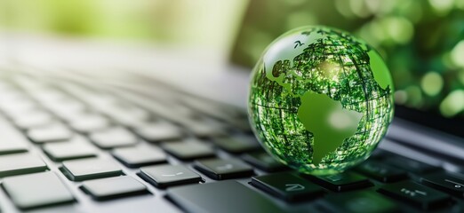 Poster - Green Earth Globe on Laptop Keyboard Symbolizing Technology and Sustainability, copy space for text