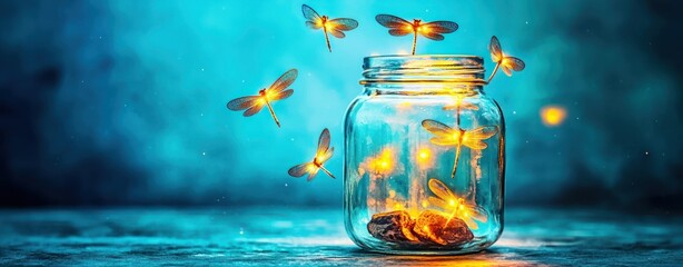 Poster - Enchanted Jar of Glowing Fireflies in a Magical Blue Environment at Night