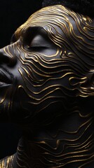 Poster - Hyperrealistic 3D image of a black man with intricate contours in gold color the contours raised in relief set against a deep black background to enhance the vivid colors