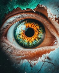 Poster - Close-Up of an Intricate Human Eye with Vibrant Colors and Cosmic Background Elements