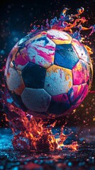 Poster - Hyperrealistic 3D impressionist design featuring vibrant liquid paint splashes in various colors forming a soccer ball set against a black background with soft lighting