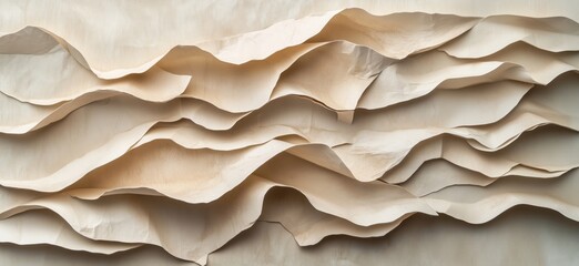 Poster - Textured waves of layered paper creating a dynamic three-dimensional wall art installation, showcasing organic forms and subtle color variations, copy space for text