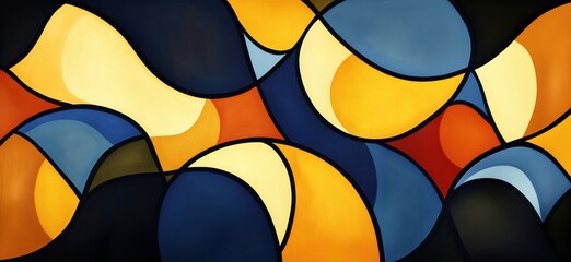 Poster - Abstract geometric shapes in vibrant colors, featuring yellow, blue, orange, and black tones creating a dynamic composition, copy space for text