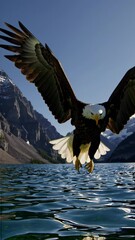 Poster - A majestic bald eagle diving sharply toward a mountain lake, talons extended for a fish just beneath the shimmering surface.