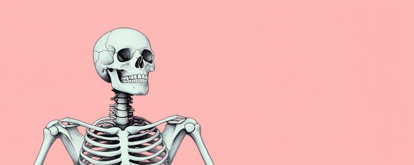 Poster - detailed human skeleton illustration on a soft pink background for educational use in anatomy and me