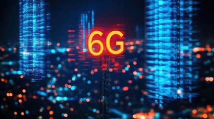 Poster - Futuristic city skyline with glowing 6G sign at night