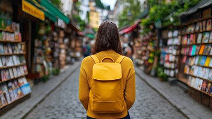 backpacker shopping for postcards at a quaint stall by a cobblestone street vintage travel vibes per