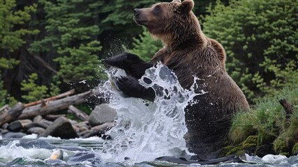 Aufkleber - A dynamic shot of a grizzly bear rearing up on its hind legs to catch salmon leaping upstream during the seasonal migration.
