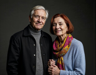 An older couple, both appear to be in their 70s,  hugging tightly, looking at the camera, sharing a tender moment. 