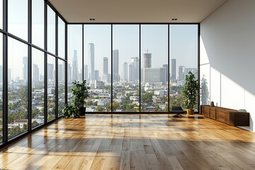 Poster - An open interior space with a wooden and concrete ceiling and floor, showcasing a mock-up on the wall and featuring a panoramic window with a cityscape view