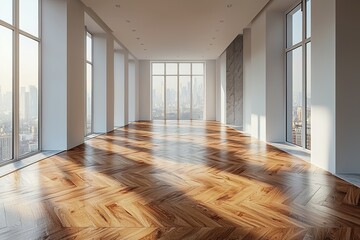 Poster - A bright and spacious interior featuring wooden and concrete ceiling and flooring, with a mock-up displayed on the wall and a panoramic window offering a city view