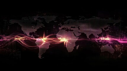 Poster - Abstract world map with vibrant light waves and patterns