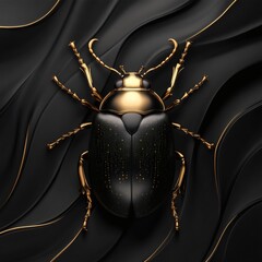 Poster - Stunning highresolution 3D image of a black beetle showcasing golden contours that rise in relief Set against a deep black background the colors create a dramatic visual contrast