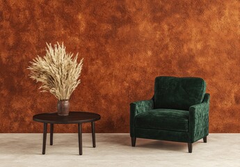 Poster - In a minimalist, brightly lit room, a mockup picture frame adorns the wall, accompanied by an orange armchair, a small table, and a houseplant.