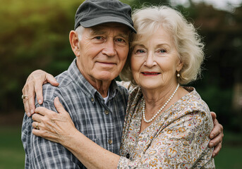 Wall Mural - An older couple, both appear to be in their 70s,  hugging tightly, looking at the camera, sharing a tender moment. 