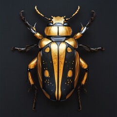 Poster - Stunning highresolution 3D image of a black beetle showcasing golden contours that rise in relief Set against a deep black background the colors create a dramatic visual contrast