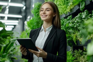 Poster - A young Latina professional, a businesswoman and corporate marketing manager, stands in a modern office holding a digital tablet, smiling at the camera.