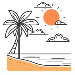 Wall Mural - an unbroken line art piece depicting a tropical scene with mountains, the sea, and a coconut palm tr