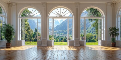 Poster - A spacious and brightly lit room with an airy feel, large windows, and a vintage aesthetic. The room is an empty banquet hall featuring a parquet floor