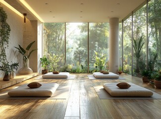 Poster - An empty white room with expansive windows and a wooden floor, ideal for a loft interior mock-up, offering a blank space suitable for either a home or office, captured in high quality