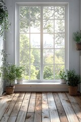 Poster - An empty room featuring large windows and a wooden floor