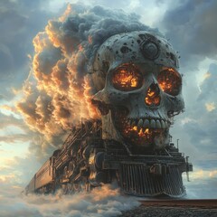 Poster - Eerie scene of a locomotive reimagined as a skull complete with complex mechanical details releasing smoke into a dramatic sky filled with dark rolling clouds