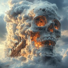 Fototapete - Eerie scene of a locomotive reimagined as a skull complete with complex mechanical details releasing smoke into a dramatic sky filled with dark rolling clouds