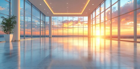 Poster - A perspective view of a futuristic room, showroom, spaceship, hall, or studio featuring an empty space, a clean white floor, and a ceiling with hidden lights, set against a modern background