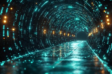 Poster - Envision a futuristic green neon environment with a tunnel or corridor, glowing panels, a fashion podium, and performance stage decorations. 3D Rendering