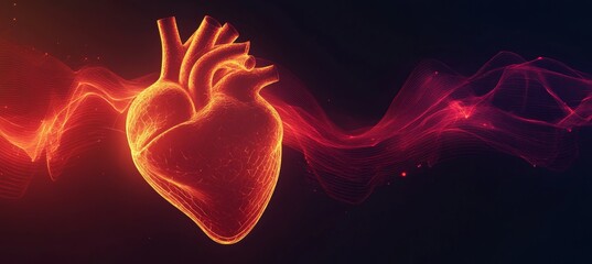 Poster - Stylized Anatomy Of A Bold Red Human Heart With Connected Flowing Lines On A Dark Background,