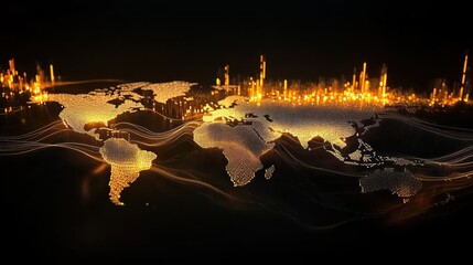 Poster - Golden digital world map with city lights and data flow