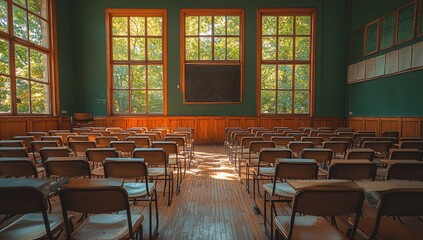 Poster - Schoolroom, with desks and tables, stands devoid of anyone. It symbolizes the concept of returning to school. Stock content