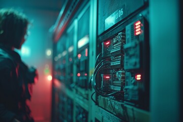 Poster - A close look at the interior of a server rack housing supercomputer equipment in a vast data center