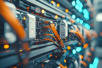 Poster - Detailed view of supercomputer hardware within a server rack inside a big data center