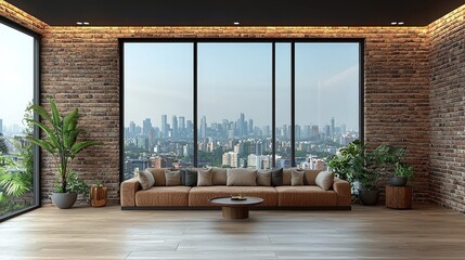 Poster - A spacious loft-style room with a large window, wooden floors, and a modern brick wall design