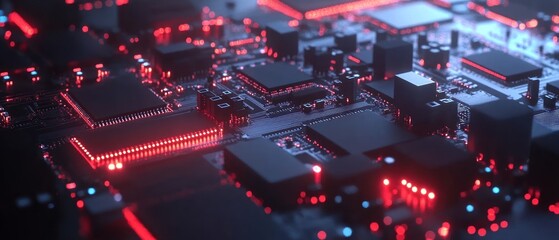 Poster - Close-up of a circuit board with glowing red lights and chips