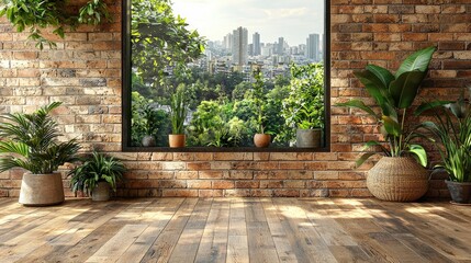Poster - An avant-garde loft room characterized by its expansive window, antique wooden floors, and chic brick walls