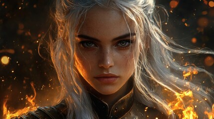 Fototapete - Ultradetailed portrait of a fierce steampunk warrior woman her silver hair flowing amidst flames with intricate metallic armor featuring gears and spikes embodying elegance and raw power