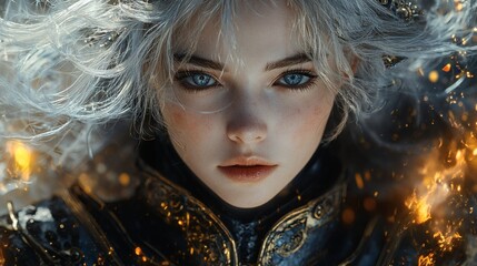 Poster - ultradetailed portrait of a fierce steampunk warrior woman her silver hair flowing amidst flames wit