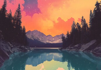 Wall Mural - Serene Mountain Lake Sunset With Starry Sky