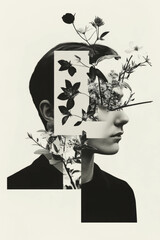 Poster - Graphic designer creating minimalist collage with geometric shapes and flowers on a computer