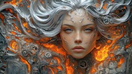 Poster - Ultradetailed portrait of a fierce steampunk warrior woman her silver hair flowing amidst flames with intricate metallic armor featuring gears and spikes embodying elegance and raw power