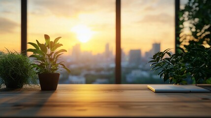 Poster - As the sun sets over the city skyline, warm light floods a tranquil workspace adorned with lush plants. The wooden desk invites creativity and calmness, creating a perfect atmosphere for inspiration