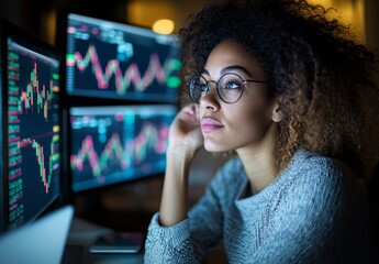 Poster - A financial bank chart and investment graphs are shown alongside a business woman reading IPO analytics on her laptop. The display includes accounting values, stock info, trade prices, admin data