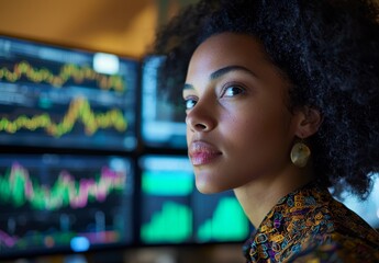 Poster - A business woman reviews IPO analytics on her laptop with investment graphs and a financial bank chart in the background, illustrating accounting values, stocks, trade prices, admin data analysis,