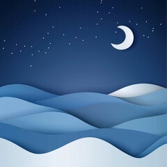 Poster - Scenic Nighttime Sky with Stars and Crescent Moon Over Calm Ocean Waves