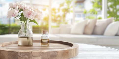 Poster - Copy space on a white table with a blurred modern living room behind it
