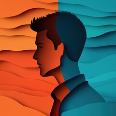 Poster - Artistic Layered Silhouette Portrait with Colorful Paper Designs and Textures