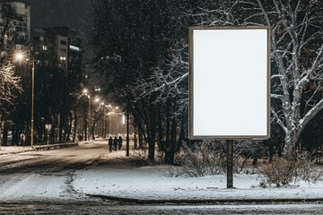 Poster - City street in autumn showcasing a vertical blank billboard mockup.