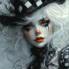 Poster - Depict beautiful girl clown with flowing white curls wearing a black and white checkered top hat her face painted in black with orange lips all set in a dark and mysterious grey atmosphere